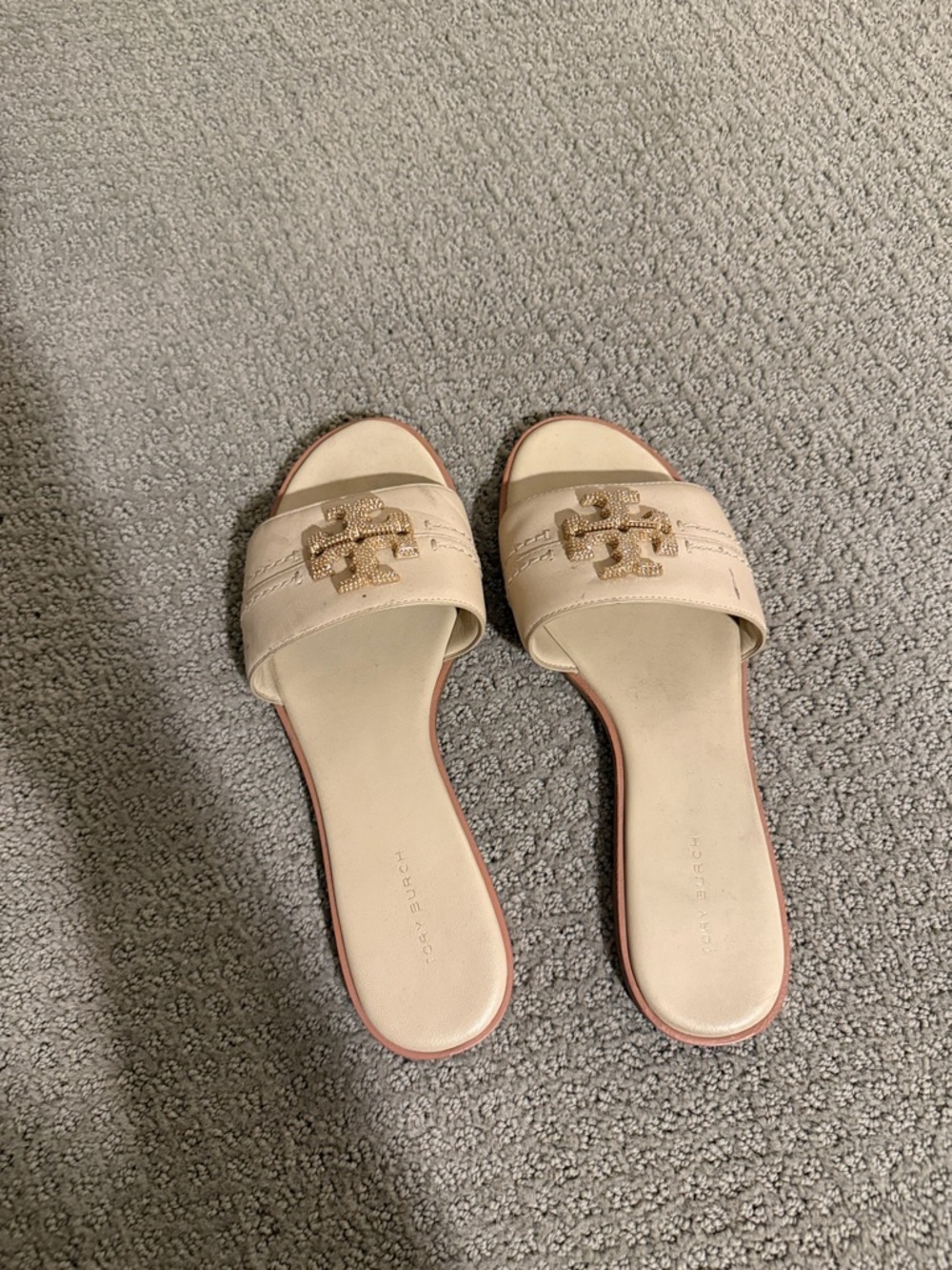 Tory Burch Cream Slide Sandals with Gold Logo Medallion